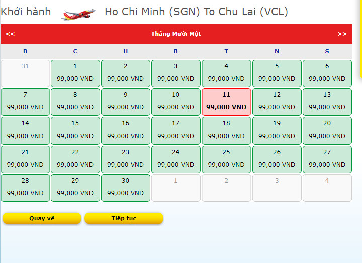 99k bay thả ga đến Chu Lai
